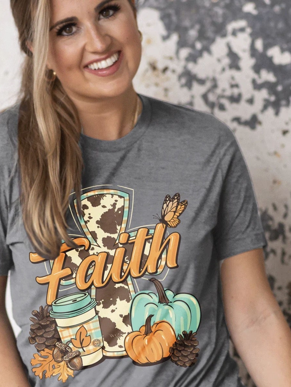 Girlie Girl Originals Faith Graphic Tee - Gray with Teal & Orange Fall Print